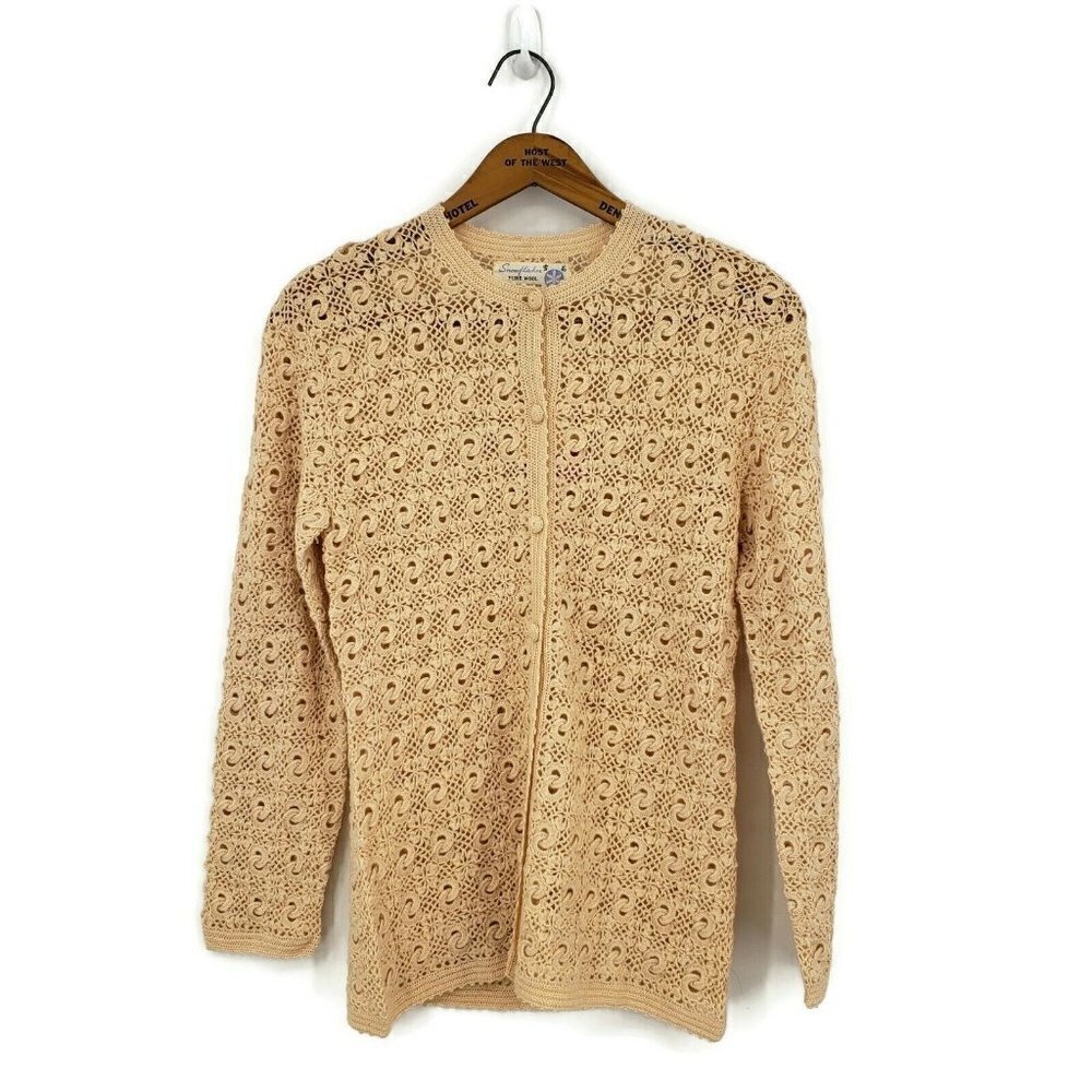 Vintage Deadstock Snowflakes Knit Wool Cardigan Sweater Womens Small Ivory